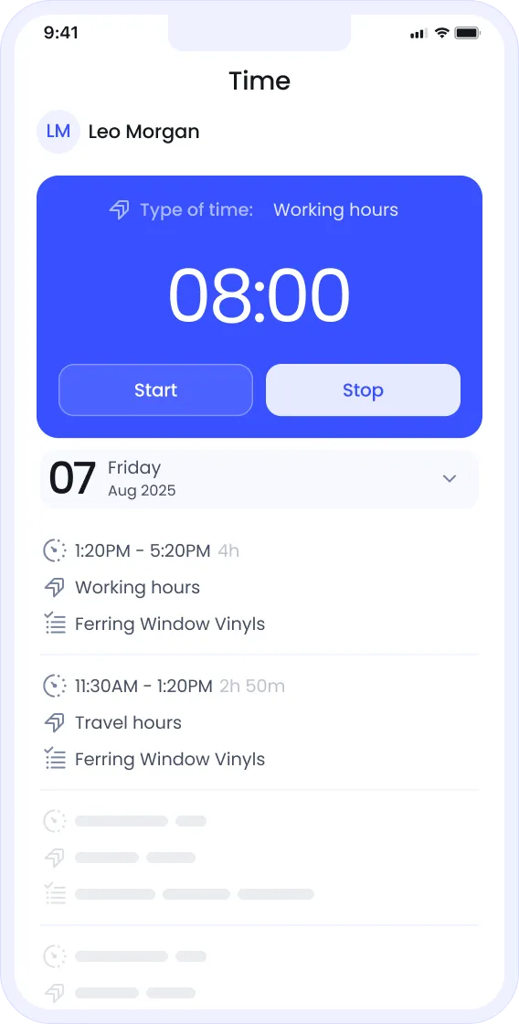 Mobile app screen showing a time tracker set to working hours, with an 8:00 timer, start/stop buttons, and a timeline of logged activities for Leo Morgan.