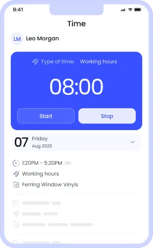 Mobile app screen showing a time tracker set to working hours, with an 8:00 timer, start/stop buttons, and a timeline of logged activities for Leo Morgan.
