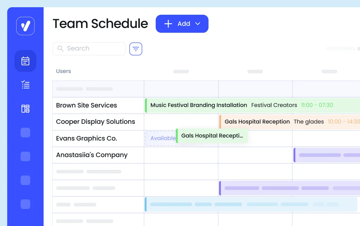 A digital team schedule interface displays tasks assigned to various companies, with colored bars indicating project timelines and statuses.