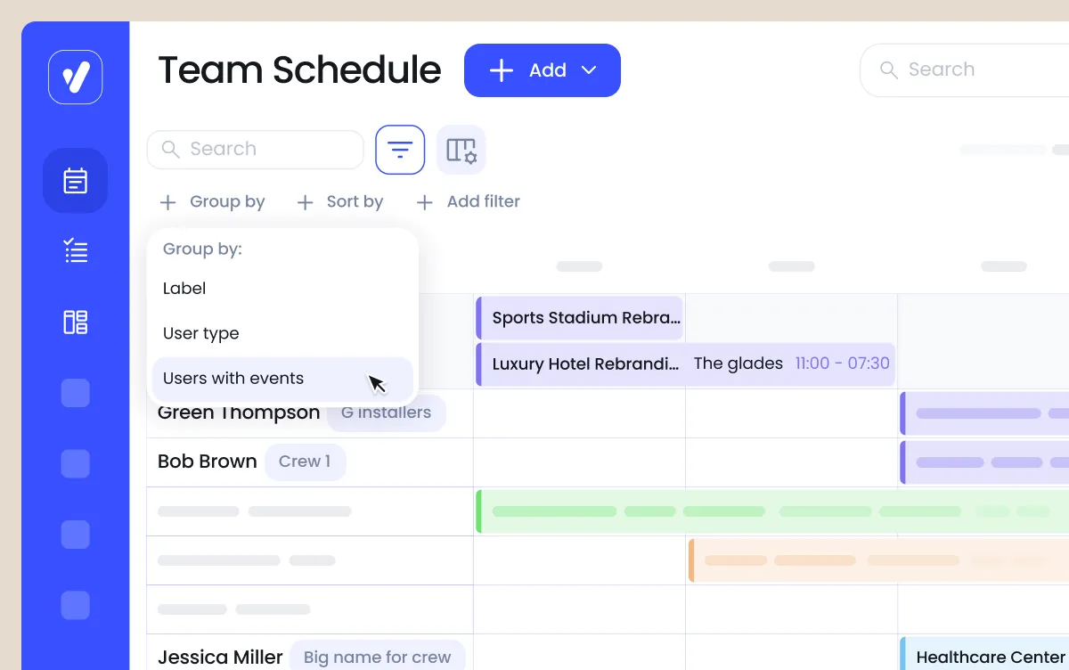 A digital team schedule interface shows grouped user lists, event labels, and colored timeline entries for scheduled tasks, with a filter dropdown menu open.