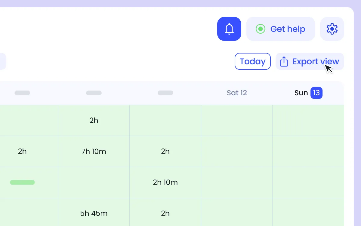 A digital calendar interface displays scheduled time blocks, with buttons for notifications, help, "Today," "Export view," and settings at the top.