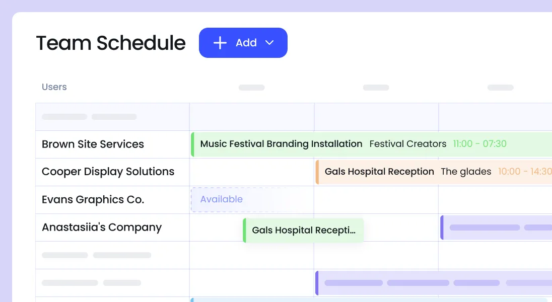 A digital team schedule displays user names in a list with color-coded tasks assigned to each, showing event names, times, and availability status.