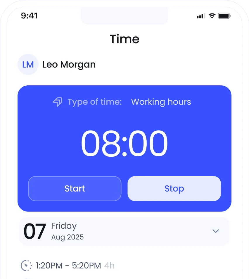 A smartphone screen displays a time tracking app with an 8-hour timer, start and stop buttons, and logged working hours for Friday, August 7, 2025.