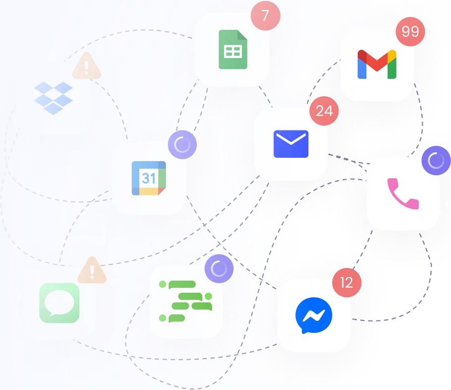 Icons of popular communication and productivity apps with notification badges, alerts, indicating disconnected messages and tasks.