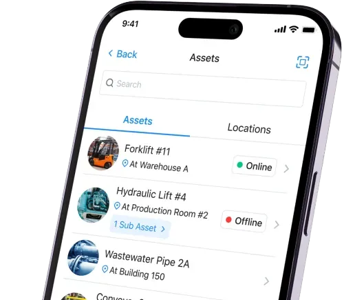 Screenshot of MaintainX application in mobile app showing assets