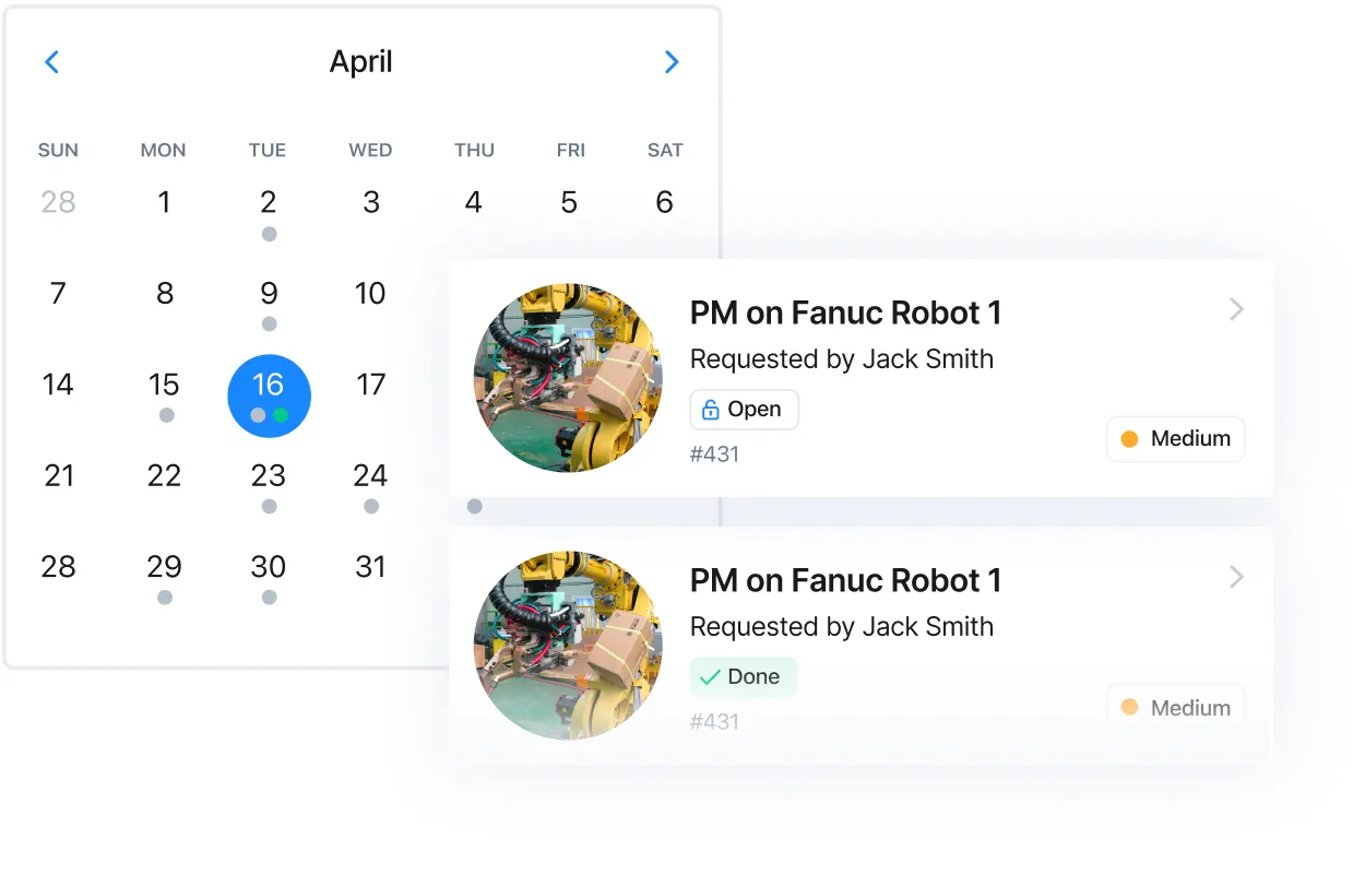 Screenshot of MaintainX application showing work order requests layered over calendar