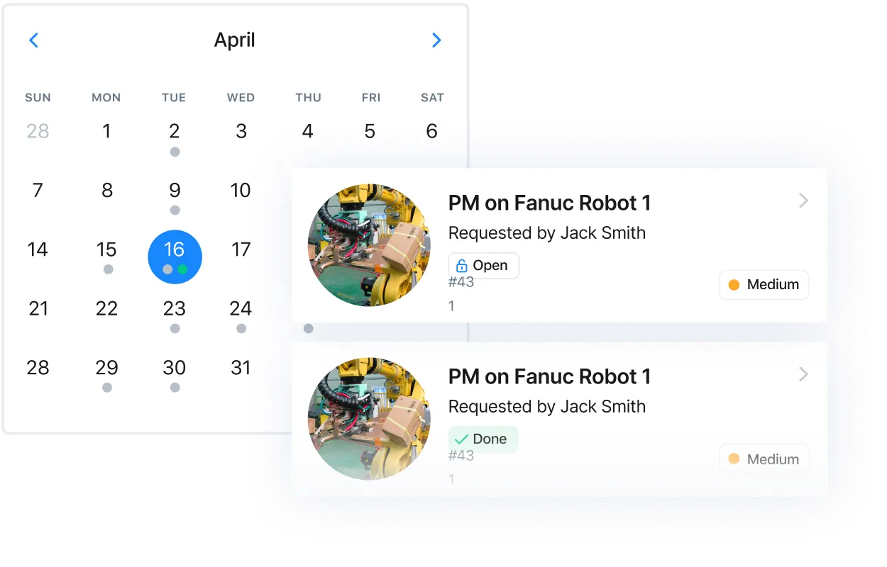 Screenshot of MaintainX application showing work order requests layered on calendar