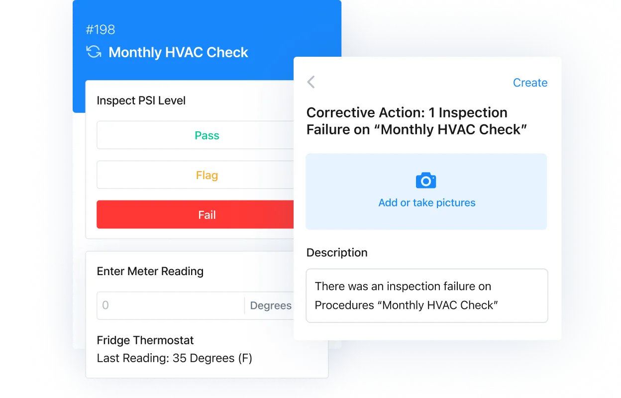 Screenshot of MaintainX application showing failed check and corrective action next steps