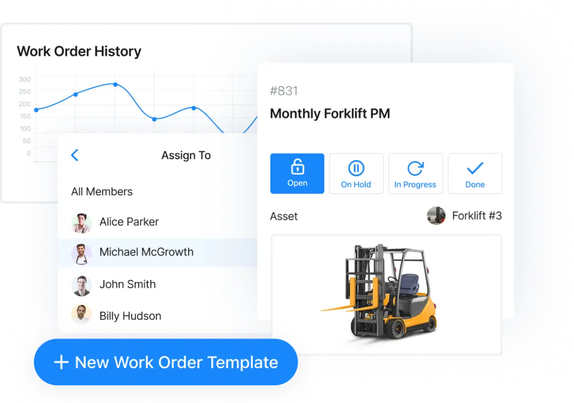 Screenshot of MaintainX application showing request status for forklift PM