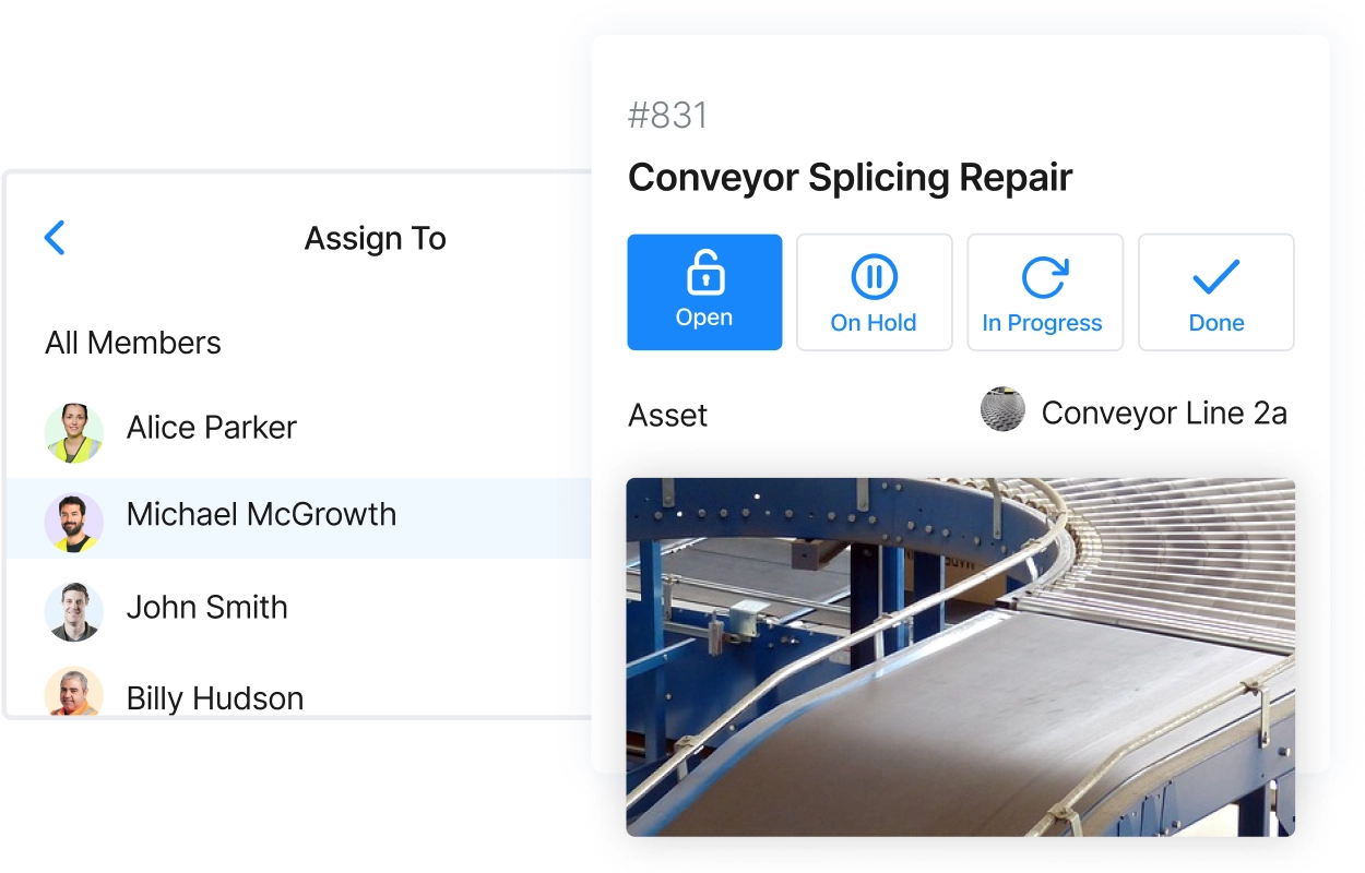 MaintainX application image shows the status of the work order and a picture of the asset.