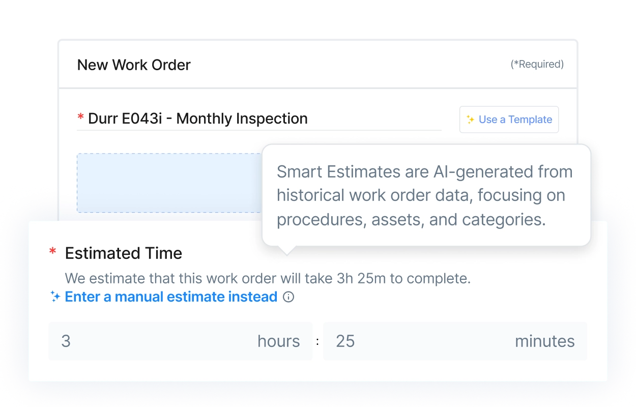 Screenshot of smart time estimates in MaintainX application which are AI-generated estimates based on historical work order data.