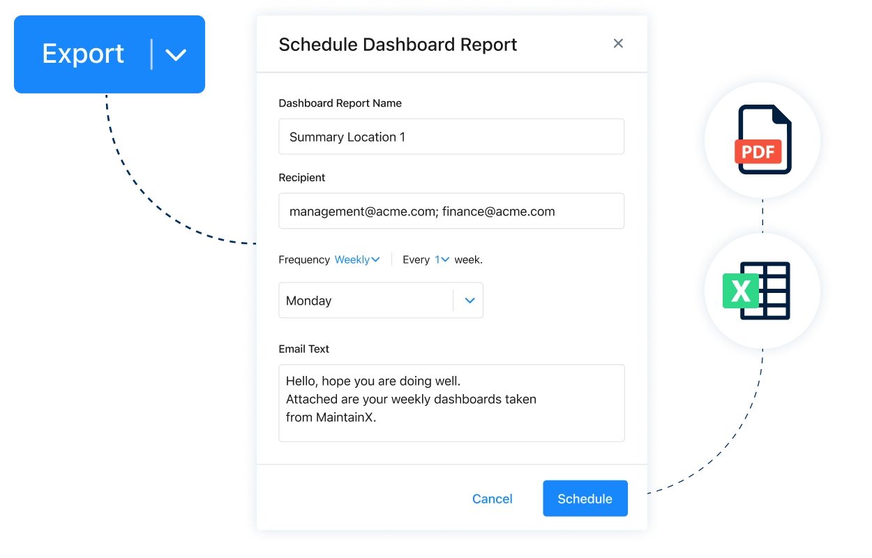 Configure your MaintainX reports to be automatically sent to your email inbox and export them in your desired format.