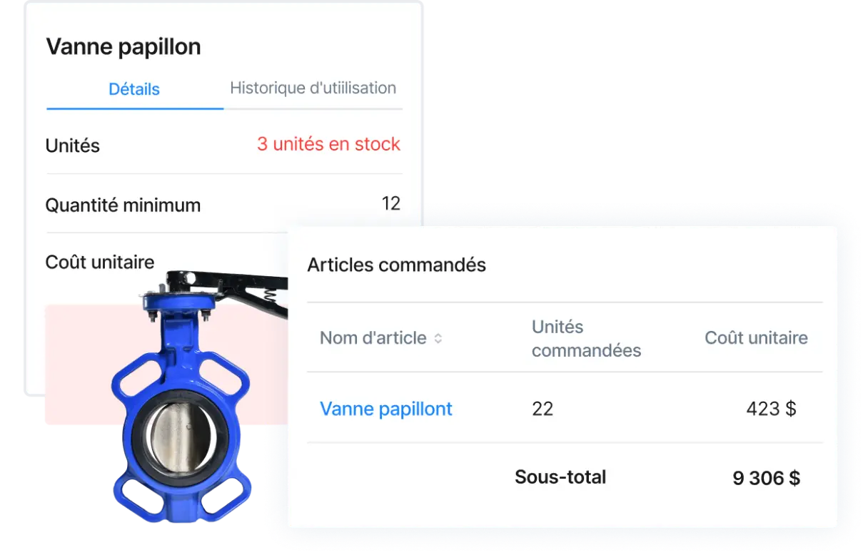 MaintainX facilite la gestion des pièces à partir d'un emplacement central, grâce à une alerte de stock rationalisée et à un processus de rachat.