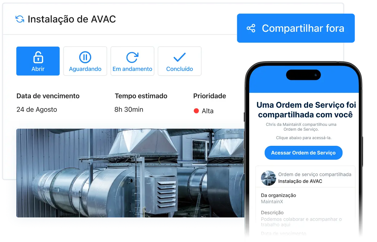 Colabore com ordens de serviço compartilhadas, comunique-se com comentários e arquivos, acompanhe a atividade da OS