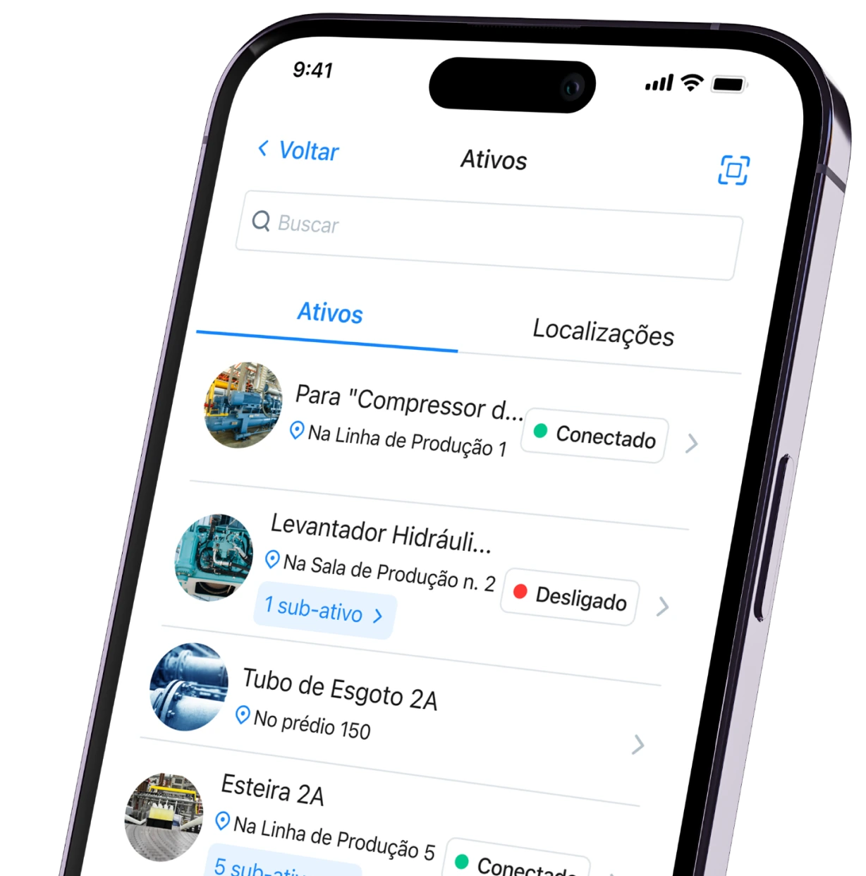 Captura de tela do aplicativo MaintainX em dispositivo móvel exibindo ativos