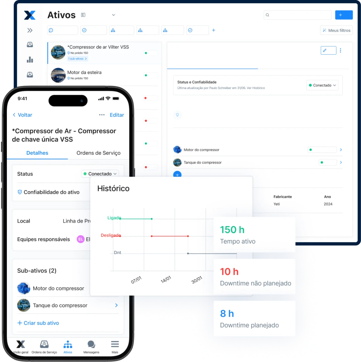 Captura de tela do aplicativo MaintainX mostrando relatórios de tempo e custo, etc.