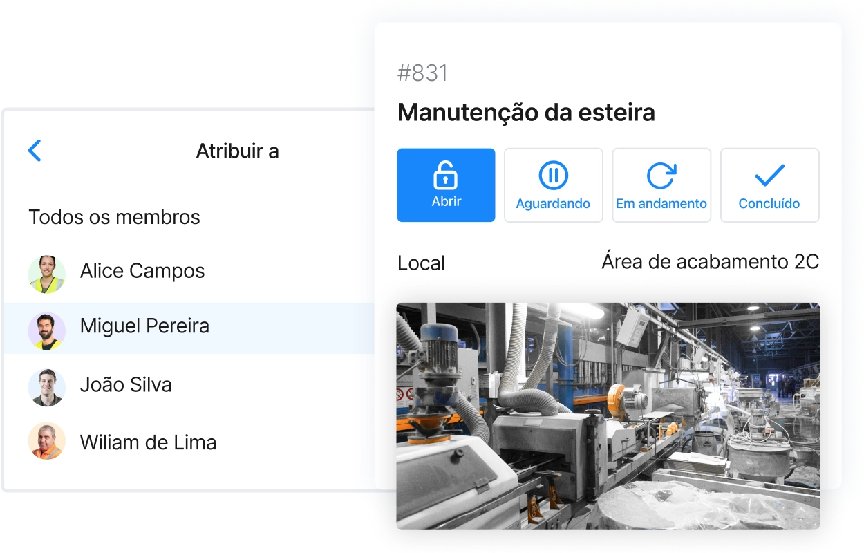 Atribua ordens de serviço rapidamente, monitore a manutenção em tempo real e retome a produção com o MaintainX.