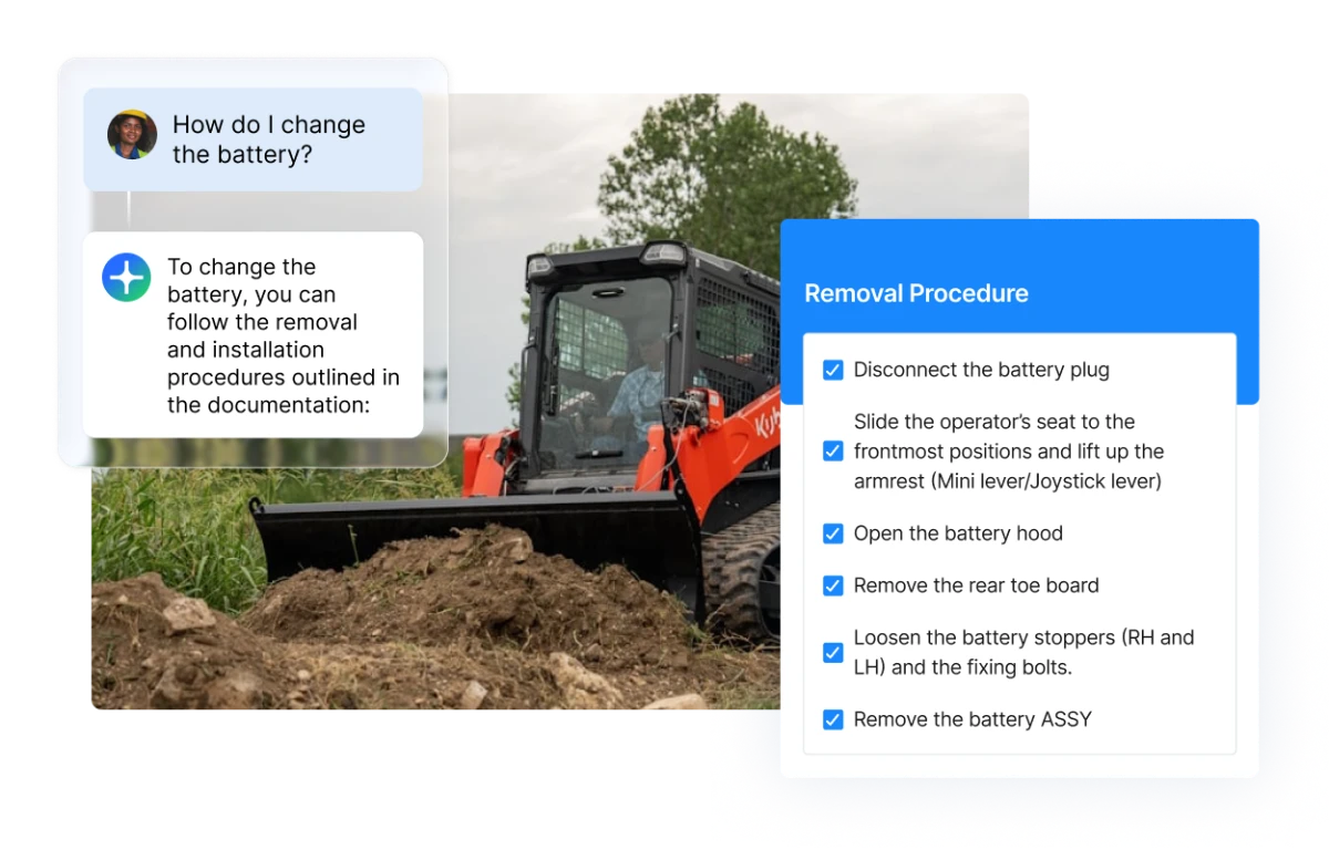 Person operating orange skid steer loader with overlaid chat showing battery removal steps.