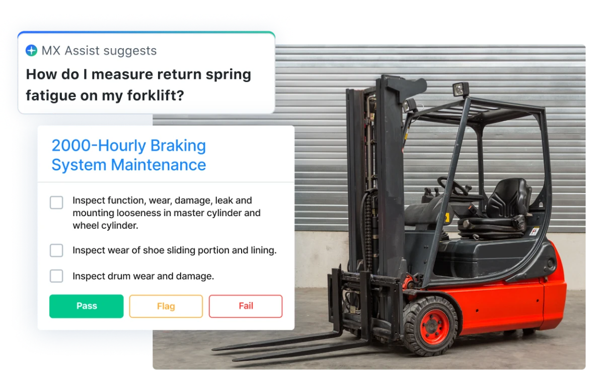 Red and black forklift next to a checklist for 2000-hourly braking system maintenance with pass, flag, and fail options.
