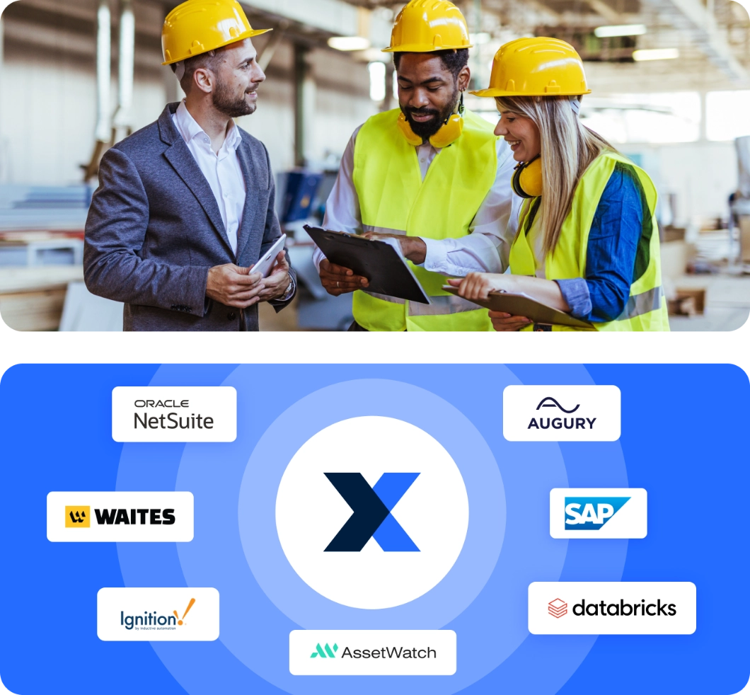 Three people in hard hats and safety vests discussing plans in an industrial setting above logos of SAP, Ignition, Databricks, and Waites on a blue background with a central X symbol.