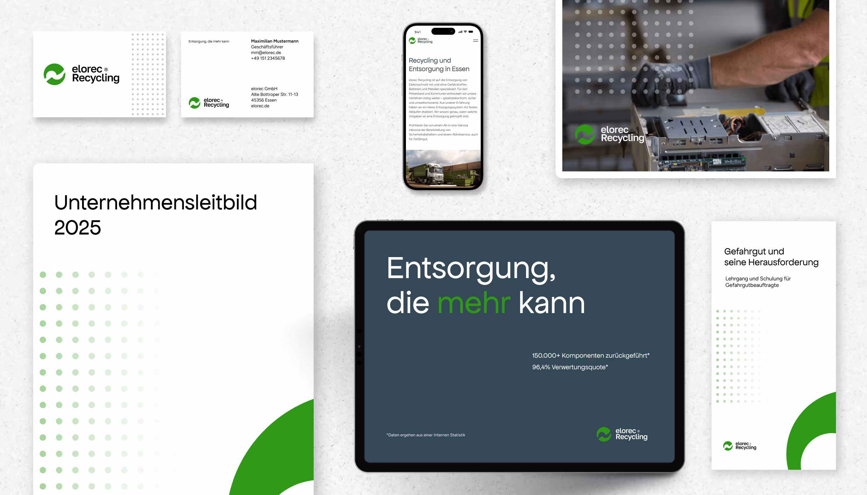 Visitenkarten, Tablet, Smartphone und Flyer mit elorec Recycling Corporate Design und Firmendetails.