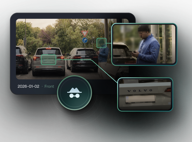 Street scene with anonymized faces and license plates