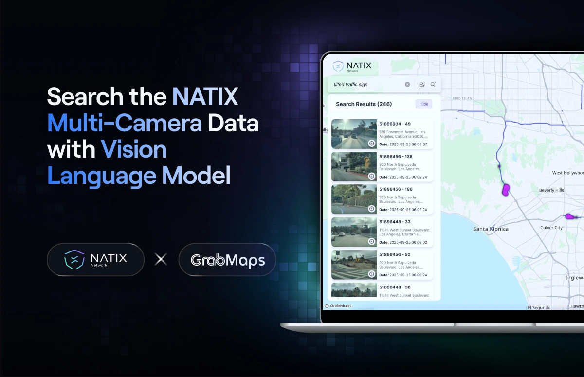 Language Model. NATIX × GrabMaps WorldSeek UI listing clips and routes—searching the physical world from 360° multi-camera data.