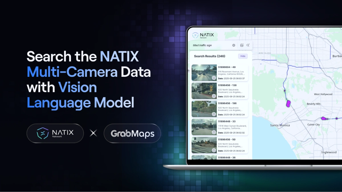 Laptop showing WorldSeek results and map—street-level data search via NATIX VX360 and a Vision Language Model.