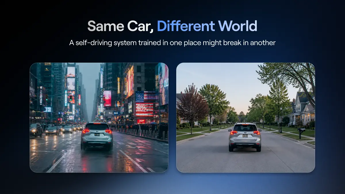 Two cars in two boxes showing a different surroundings
