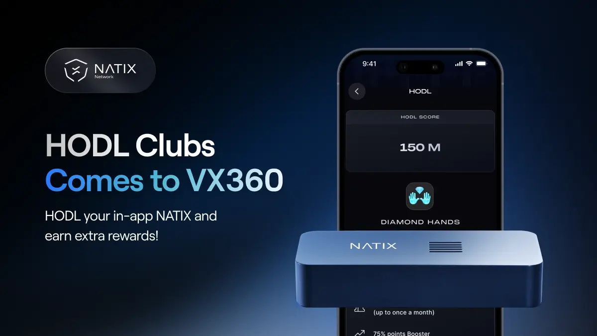 A smartphone with the VX360 app showing the HODL Score and HODL Club and a VX360 device on top