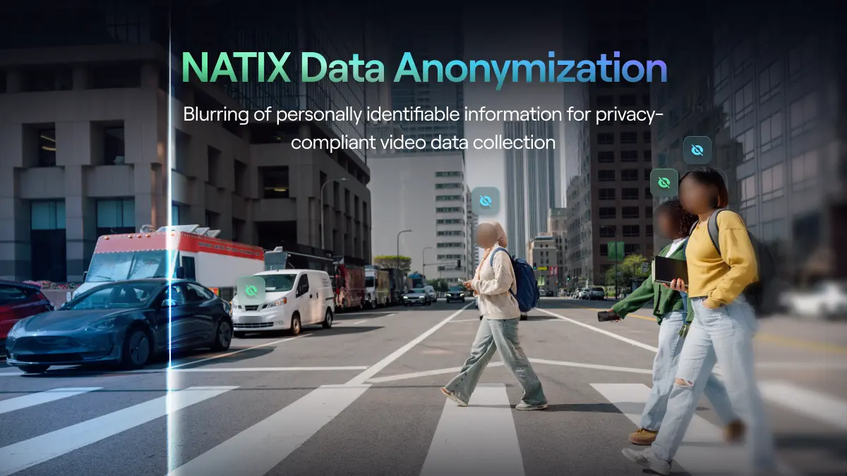 A filter going over real-world footage blurring personally identifiable information such as faces and license plates