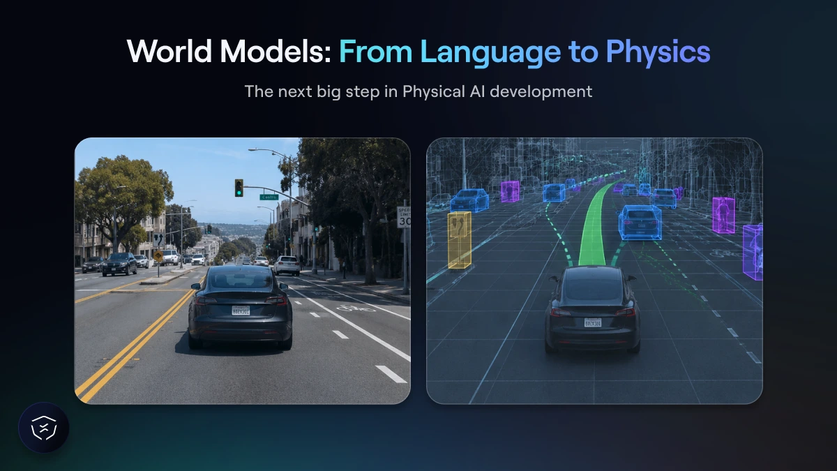Two panels. The left showing a represention of real-world driving, and the right shows how the same scenario can be simulated into several different scenarios