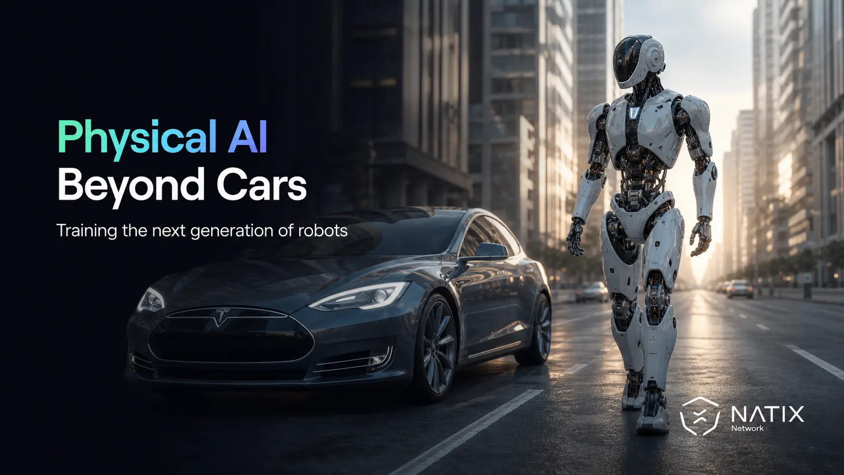 A robot standing next to an autonomous vehicle to represent the shift from driving to robotics