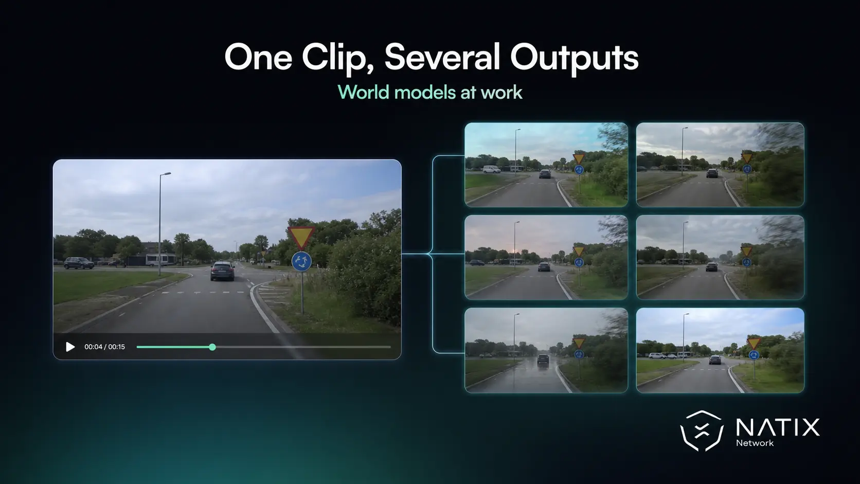 a video of a car driving on the left is translated into several different versions of it on the right