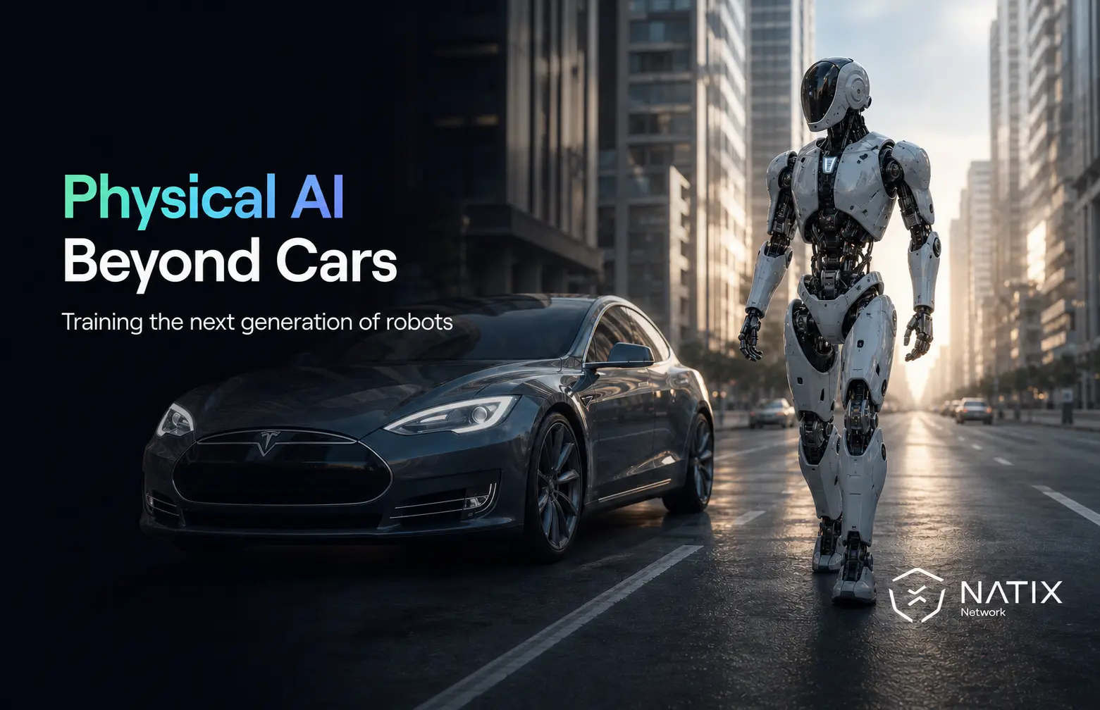 A robot in the form of a human is next to a vehicle symbolizing that the next stage of Physical AI after autonomous driving is robotics