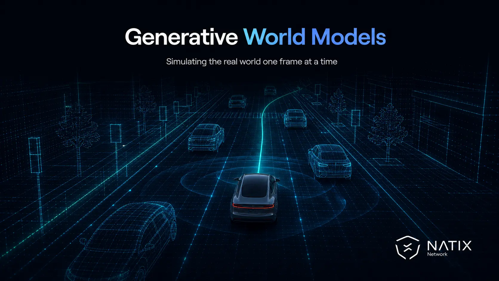 A car in a simulated reality to show a world model generating driving scenarios