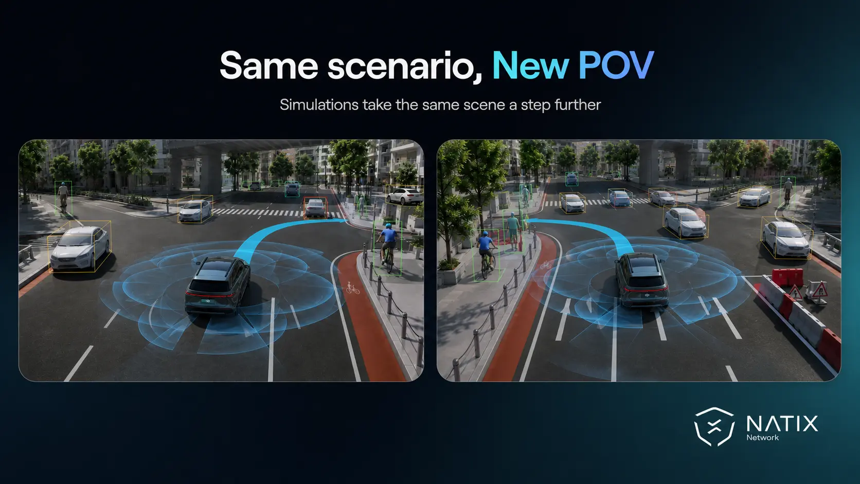 The same vehicle seen from two different angles of the same intersection