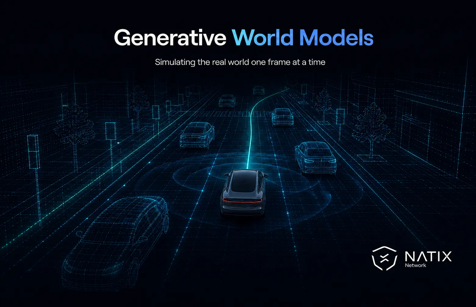 A car driving in a simulated world showing that everything was generated by a world model