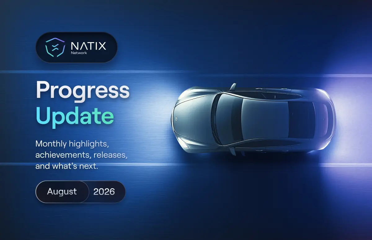 A vehicle with headlights on driving on a dark road representing the August progress update for the NATIX Network
