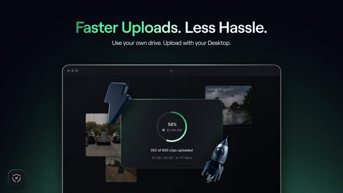 A computer screen with real-world driving images and data uploading to the NATIX desktop app
