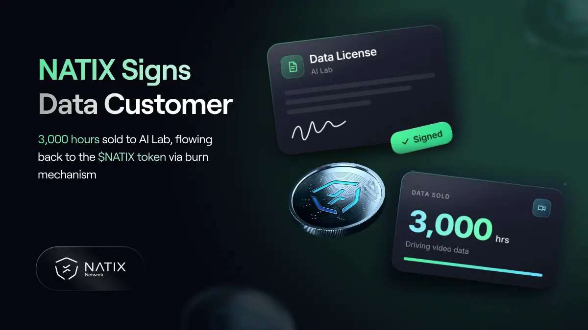 The $NATIX token in-between two cards, one showing a license signed with an AI lab, and another showing that 3,000 hours of driving data were sold