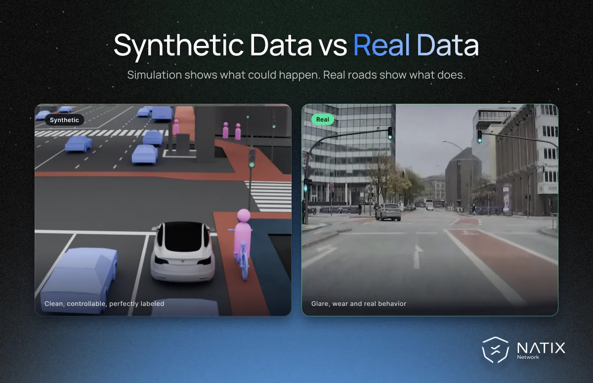 Synthetic simulation render next to real NATIX Tesla camera footage of a junction
