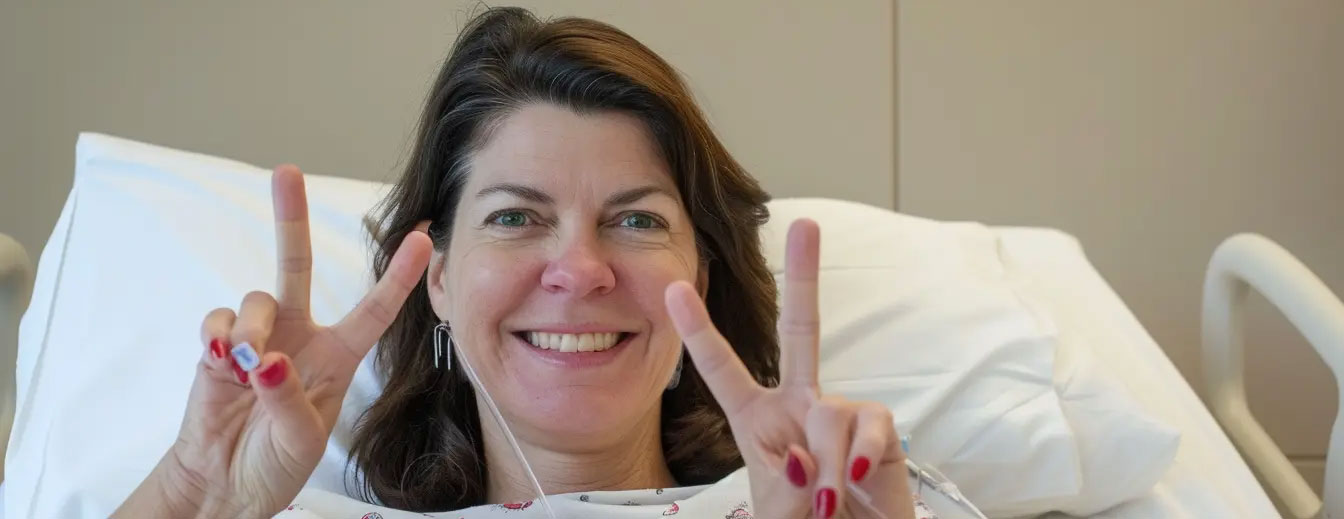 Lächelnde Frau im Krankenhausbett zeigt mit beiden Händen das Peace-Zeichen – Symbolbild für optimistische Patientin mit Zusatzversicherungsschutz
