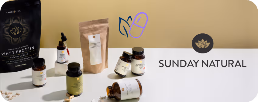 Produkte von Sunday Natural, darunter Nahrungsergänzungsmittel und Tees, als Teil der exklusiven Partnerangebote von vitolo.