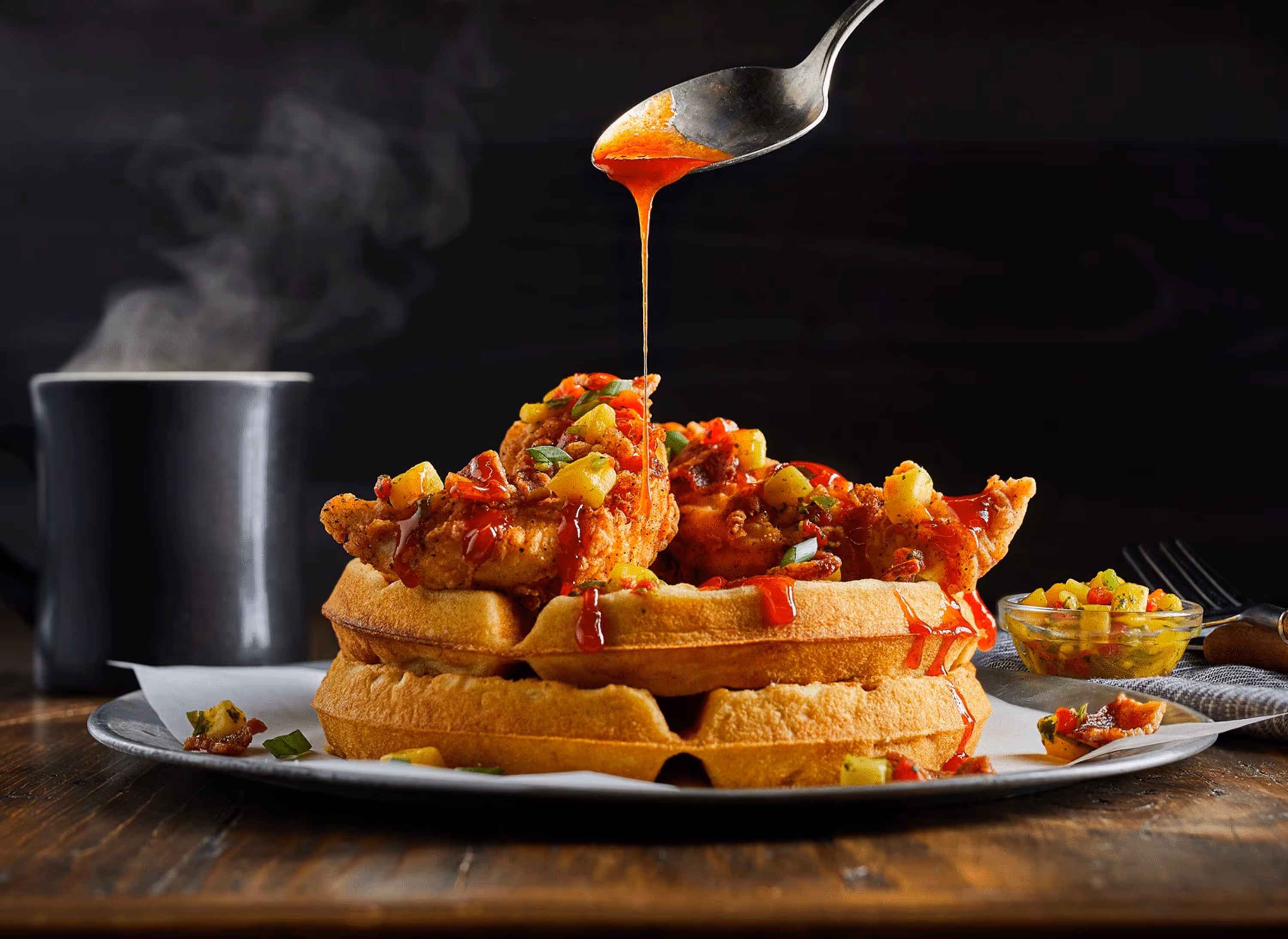A low-angle photograph of sweet and savory chicken and waffles topped with mango salsa. Photo by Christi Chambers.
