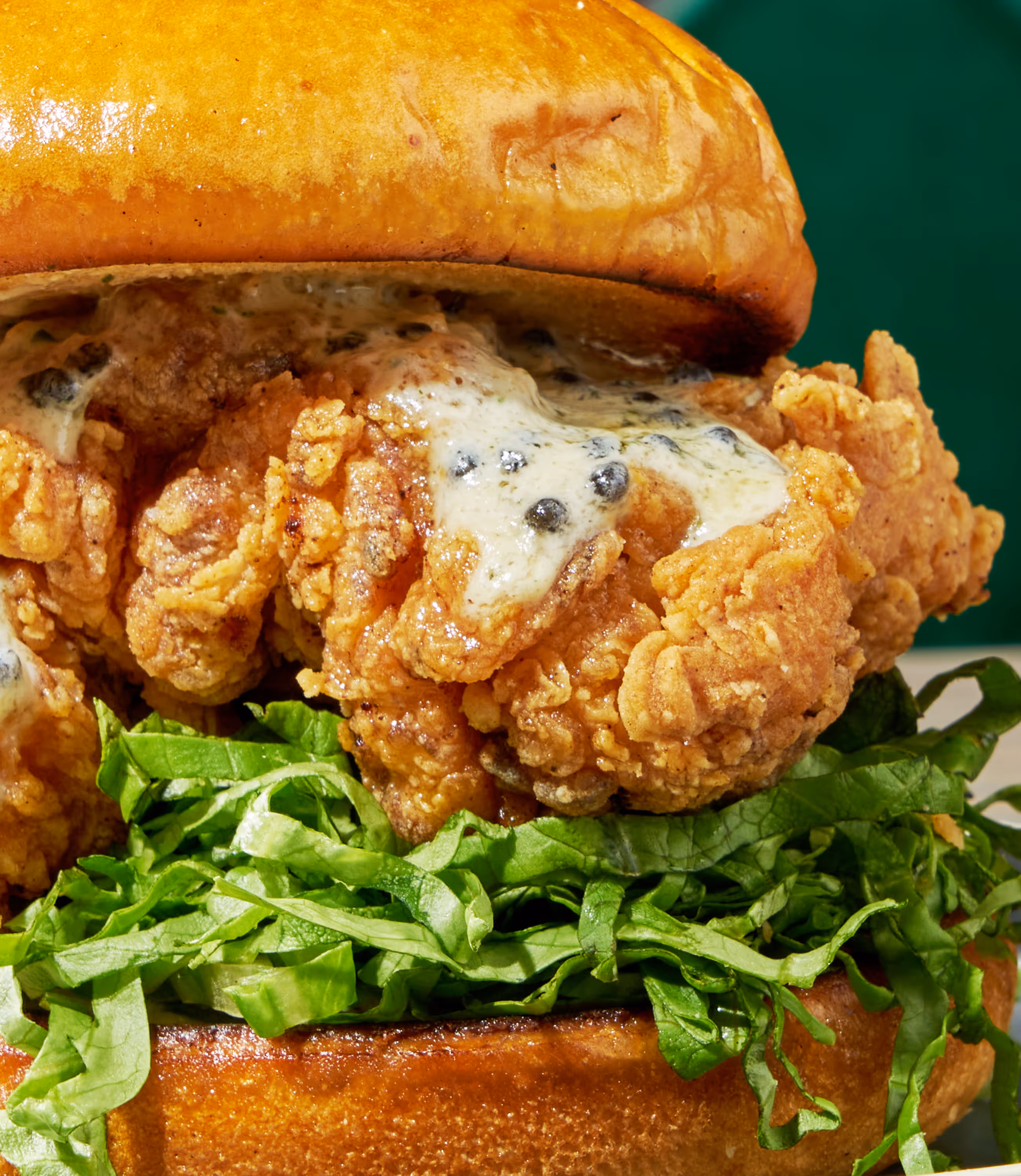 A macro photo showcasing the texture of a fried chicken sandwich with aioli and greens. Photo by Amy Stallard.