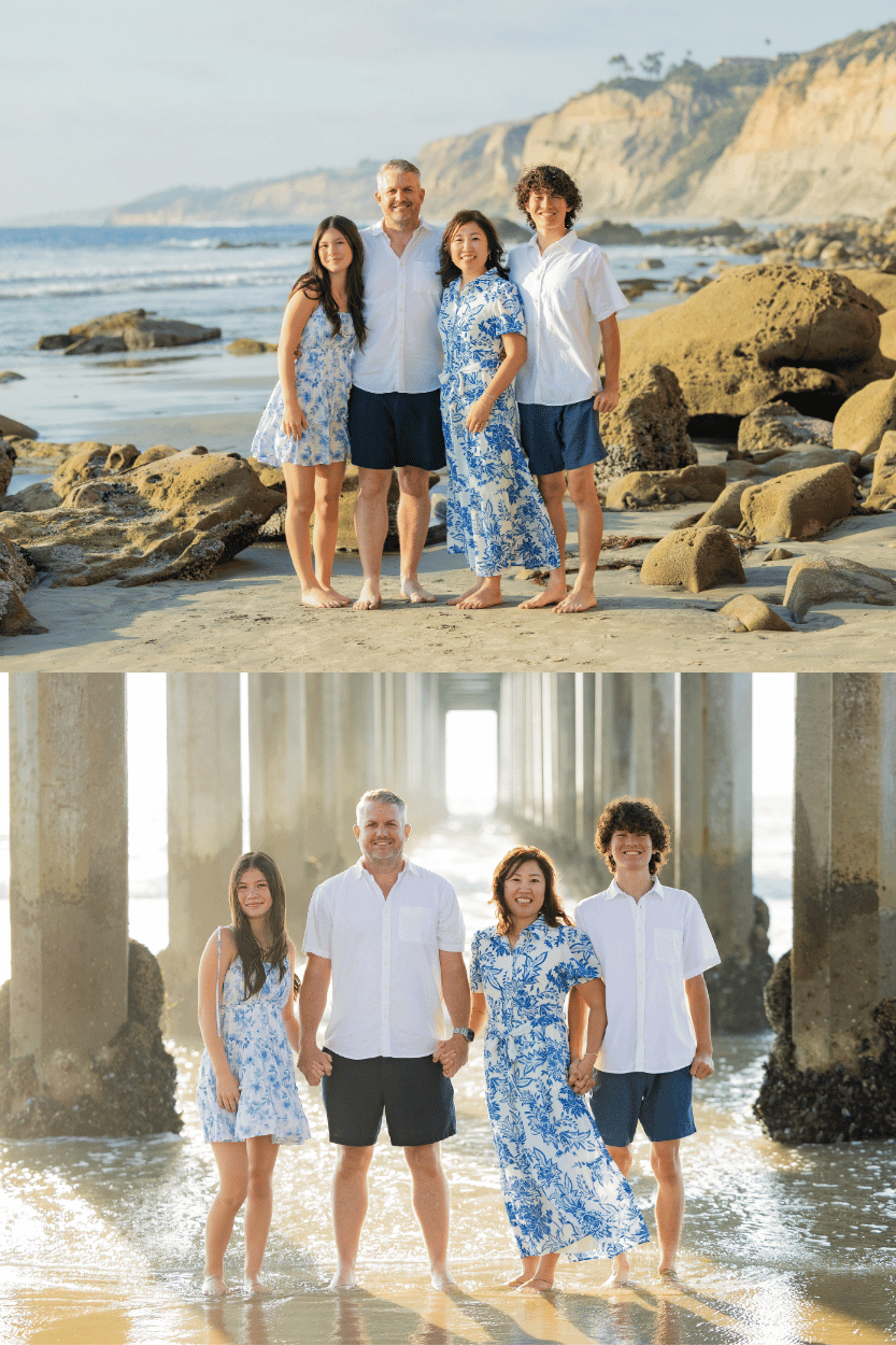 a family of 4 being photographed at La Jolla Shores