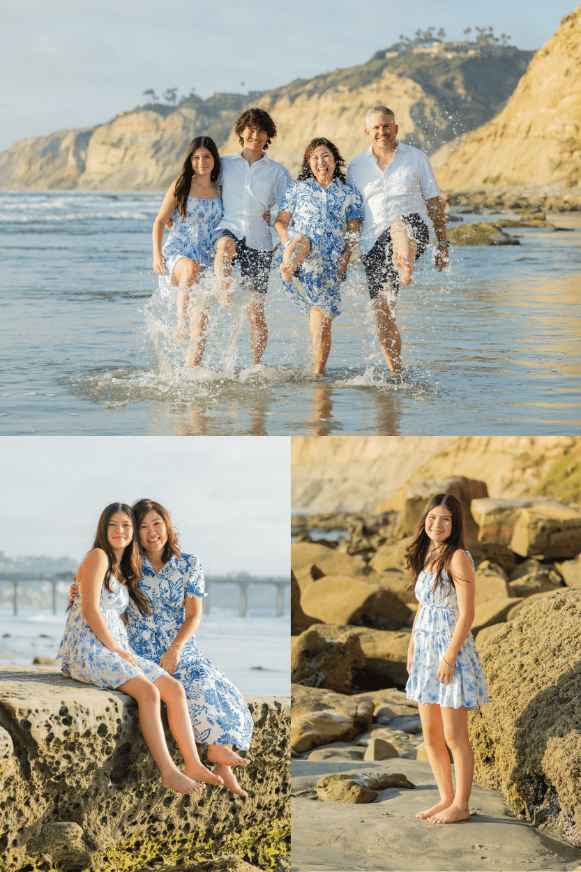 a family of 4 being photographed at La Jolla Shores