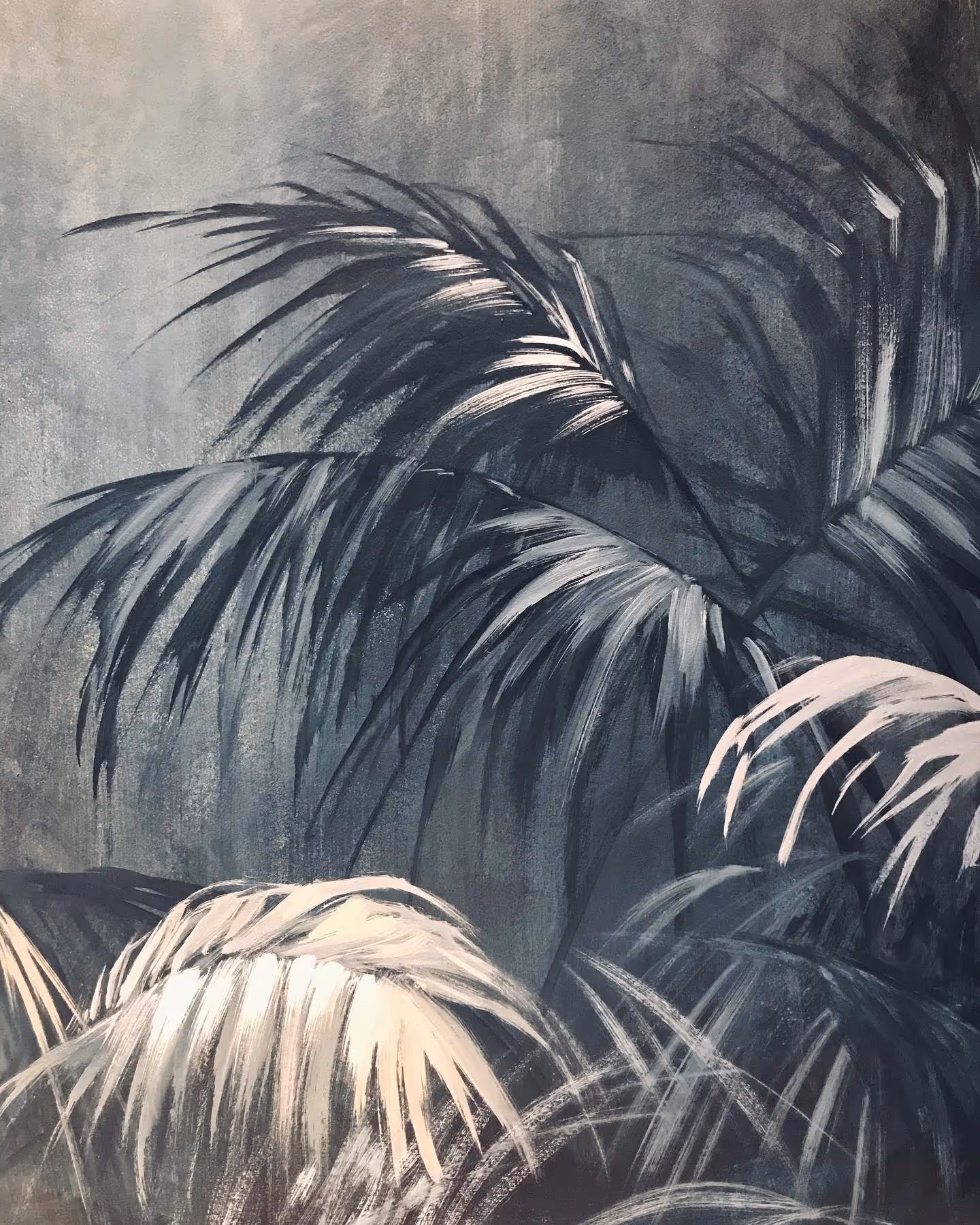 Tropical palm leaf mural painted by a London mural painter with visible brushstrokes and rich contrast, combining classical decorative techniques with a touch of abstraction and artistic restoration skill.