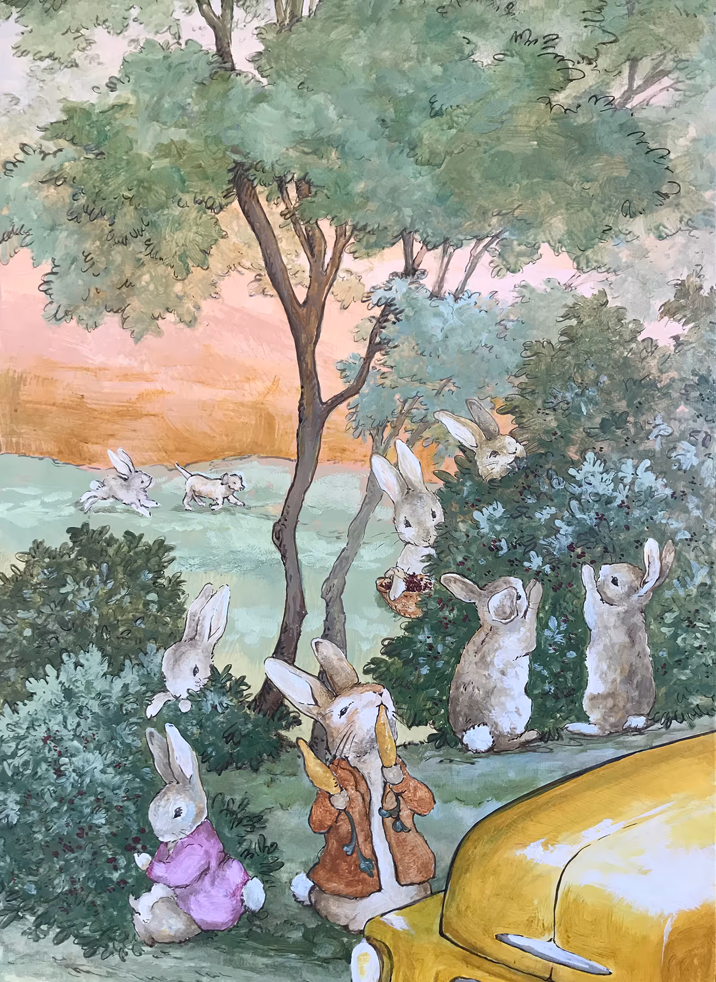 Whimsical and fantasy mural by a London mural painter featuring anthropomorphic bunnies picking berries, some wearing clothes or carrying baskets, with a yellow car in the foreground and a playful hare and dog in the background, illustrated in bright, storybook colors.